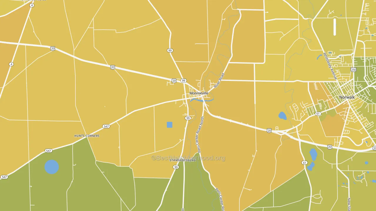 Map of the best neighborhoods in the 44847 area, with better matches in green and worse matches in red