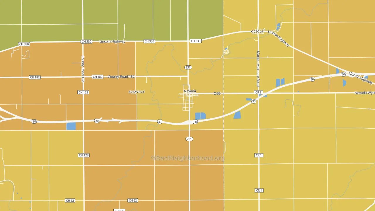 Map of the best neighborhoods in the 44849 area, with better matches in green and worse matches in red