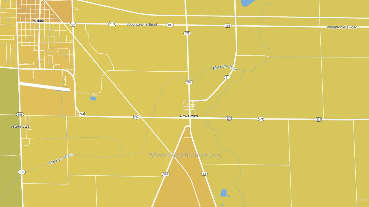 Map of the best neighborhoods in the 44850 area, with better matches in green and worse matches in red