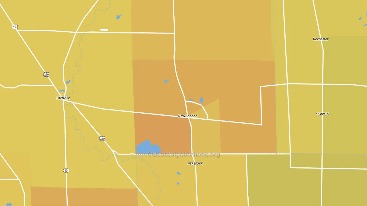 Map of the best neighborhoods in the 44851 area, with better matches in green and worse matches in red