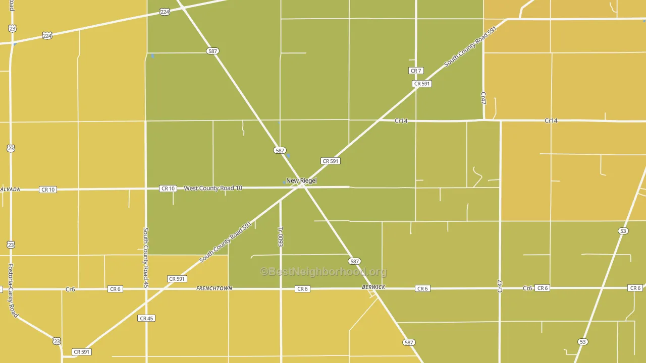 Map of the best neighborhoods in the 44853 area, with better matches in green and worse matches in red