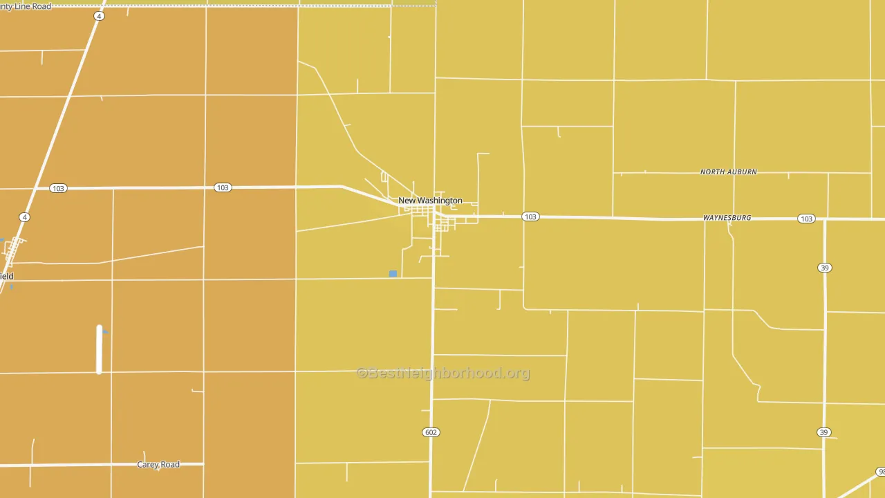 Map of the best neighborhoods in the 44854 area, with better matches in green and worse matches in red