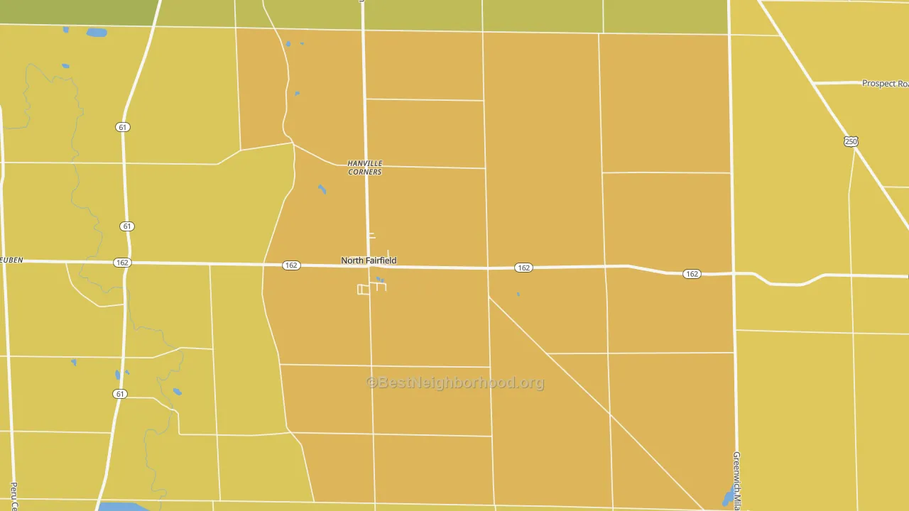 Map of the best neighborhoods in the 44855 area, with better matches in green and worse matches in red