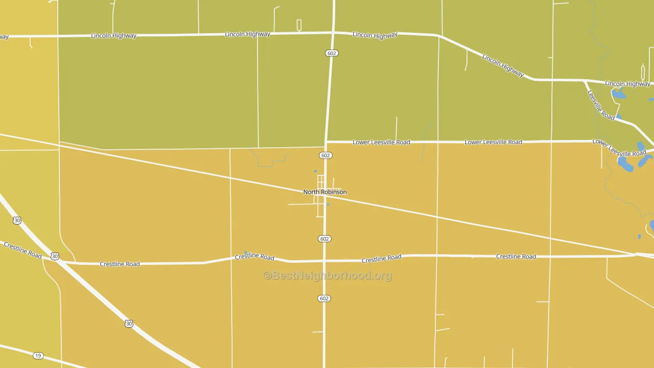 Map of the best neighborhoods in the 44856 area, with better matches in green and worse matches in red
