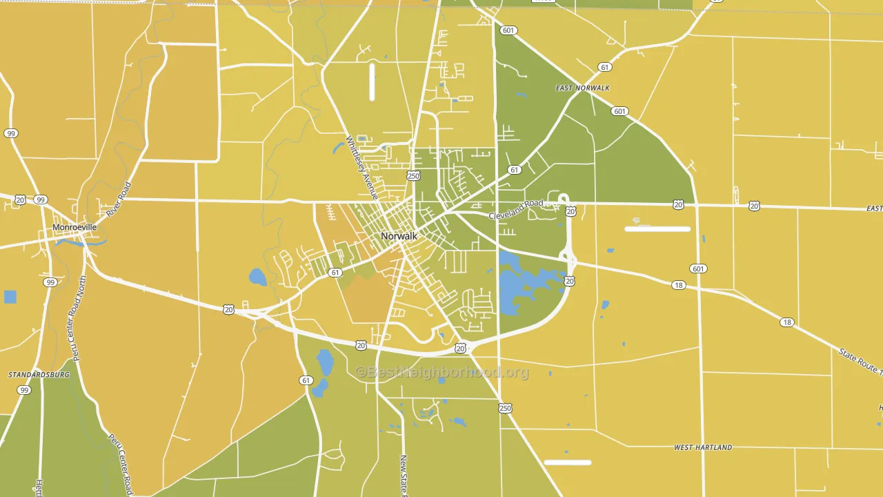 Map of the best neighborhoods in the 44857 area, with better matches in green and worse matches in red