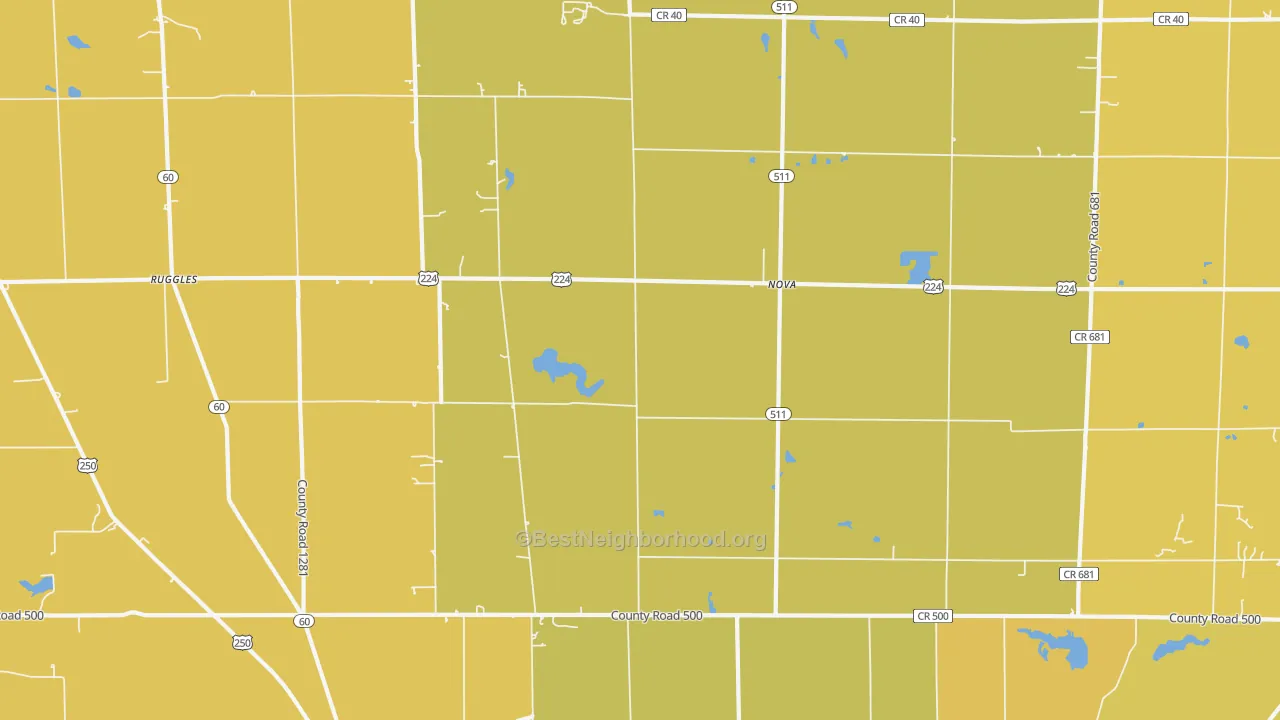 Map of the best neighborhoods in the 44859 area, with better matches in green and worse matches in red