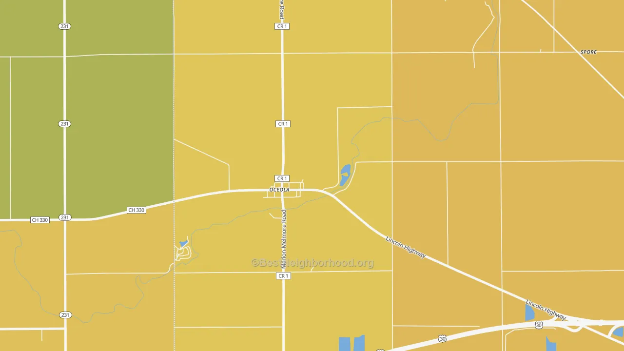 Map of the best neighborhoods in the 44860 area, with better matches in green and worse matches in red