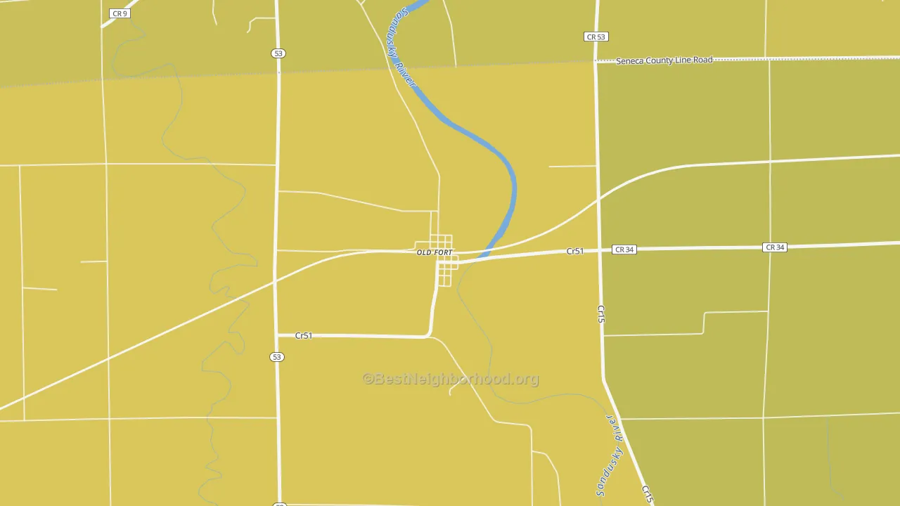 Map of the best neighborhoods in the 44861 area, with better matches in green and worse matches in red