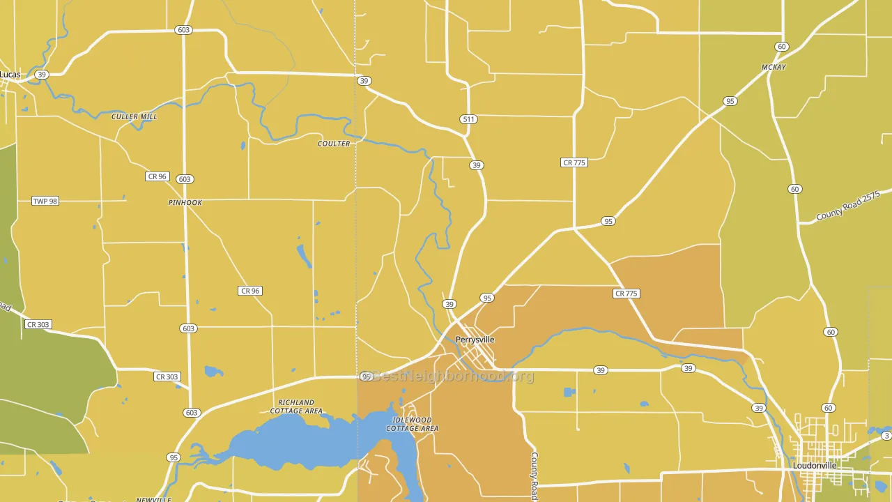 Map of the best neighborhoods in the 44864 area, with better matches in green and worse matches in red