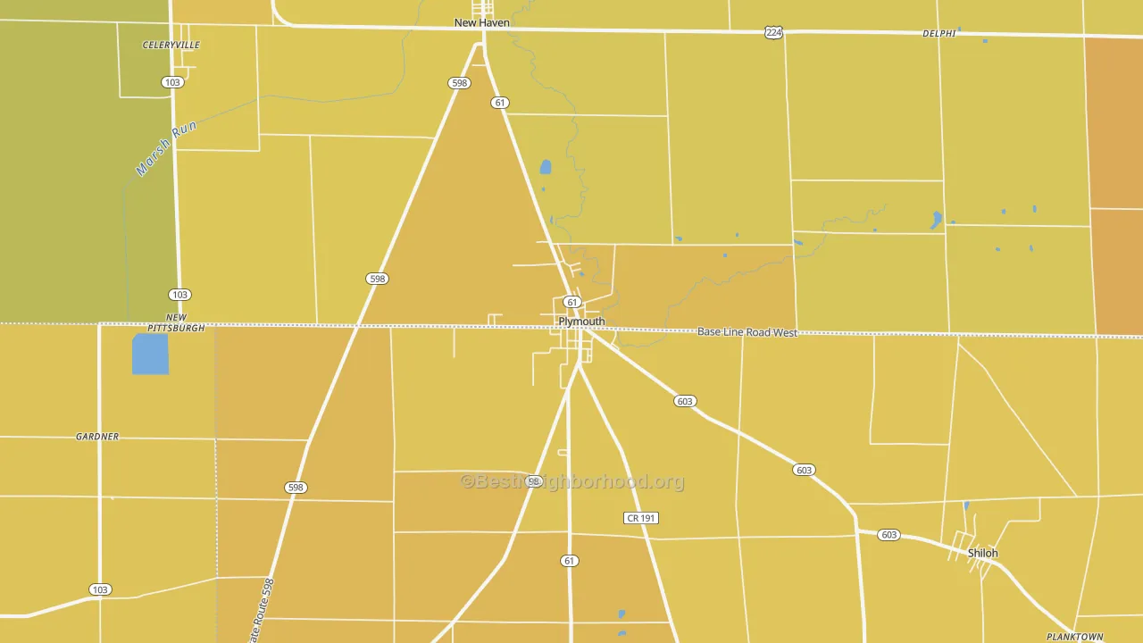 Map of the best neighborhoods in the 44865 area, with better matches in green and worse matches in red