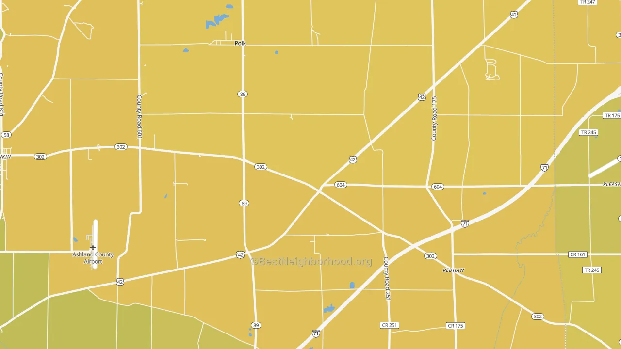 Map of the best neighborhoods in the 44866 area, with better matches in green and worse matches in red