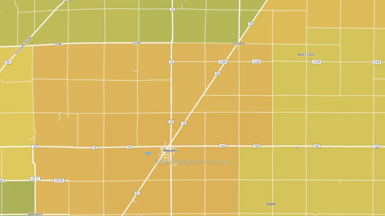 Map of the best neighborhoods in the 44867 area, with better matches in green and worse matches in red