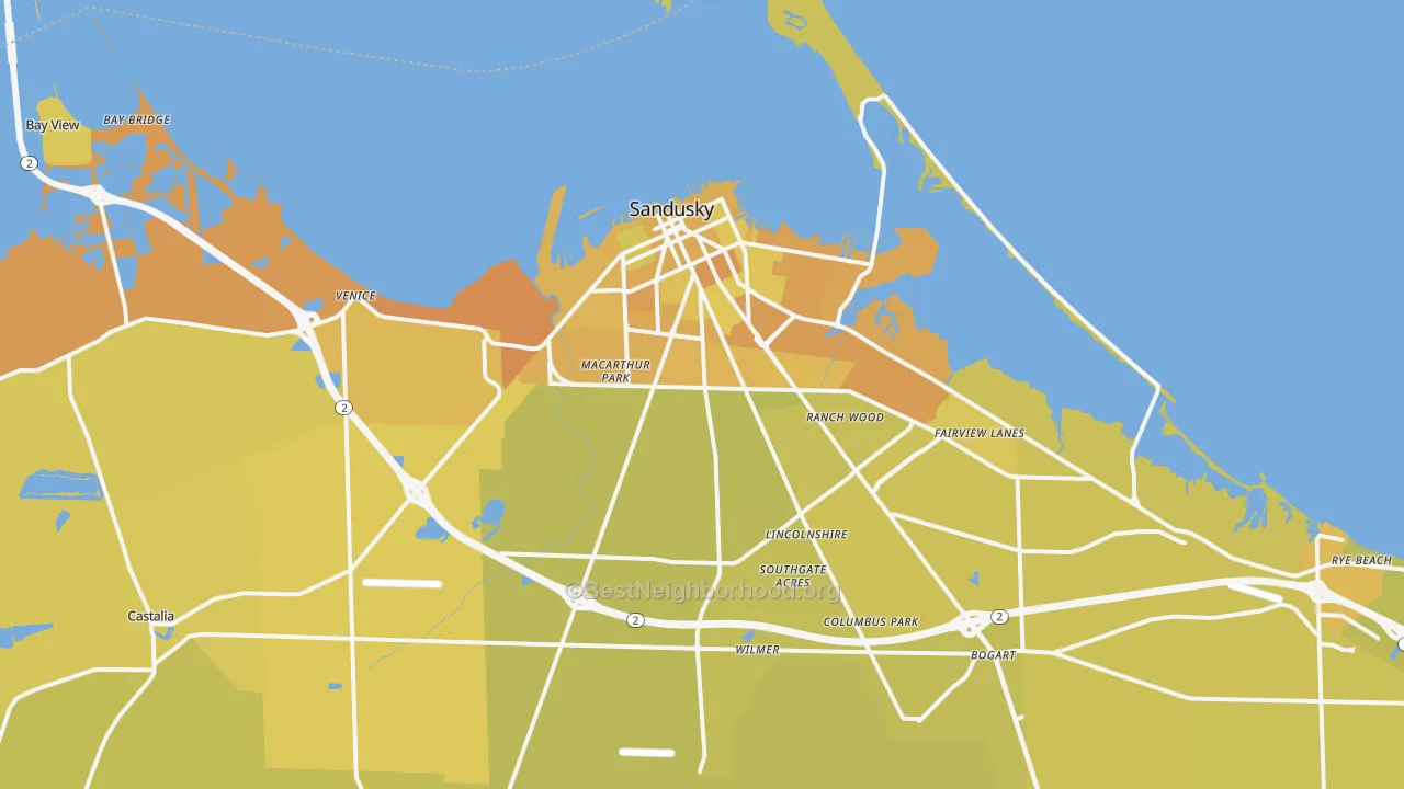 Map of the best neighborhoods in the 44870 area, with better matches in green and worse matches in red