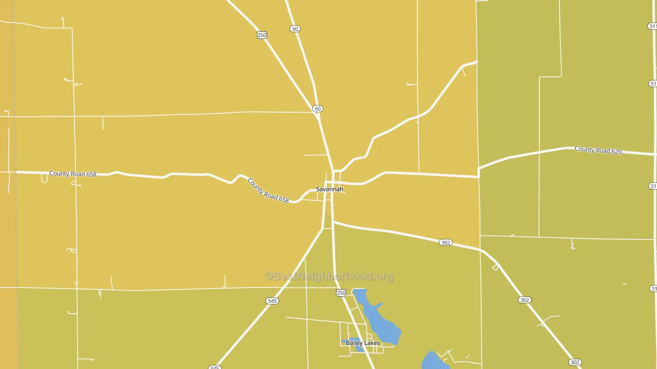 Map of the best neighborhoods in the 44874 area, with better matches in green and worse matches in red