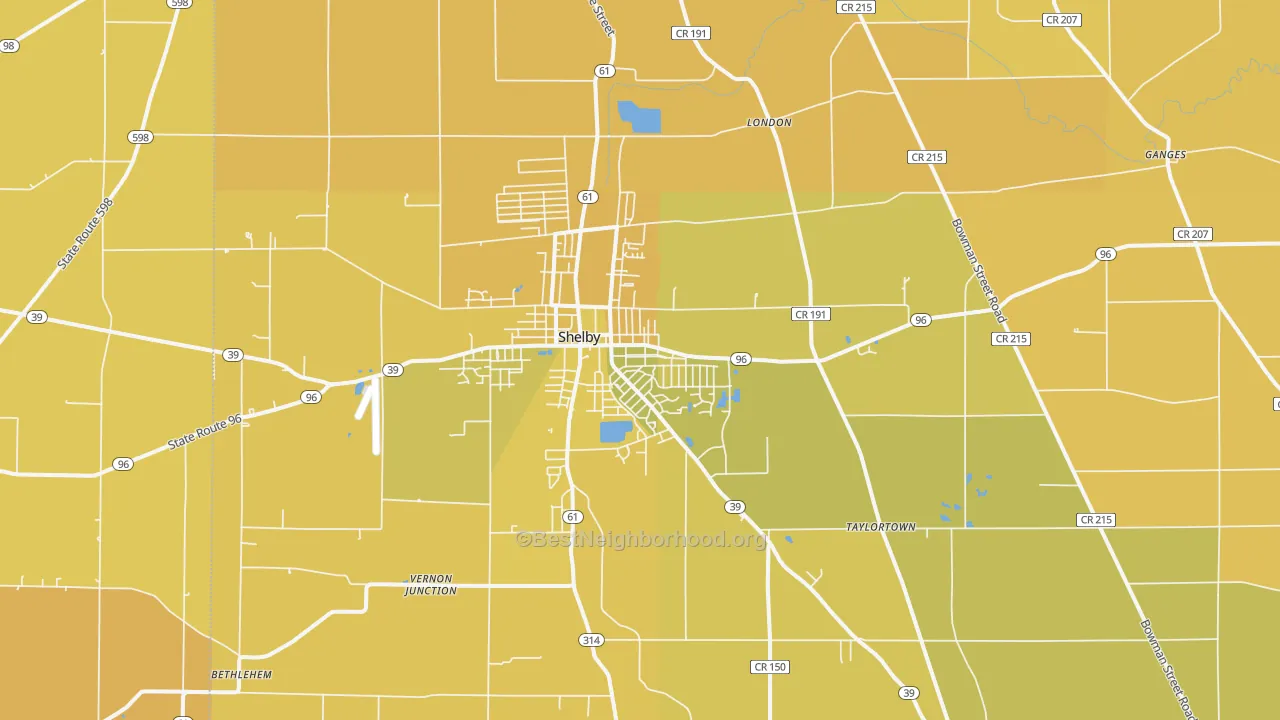 Map of the best neighborhoods in the 44875 area, with better matches in green and worse matches in red