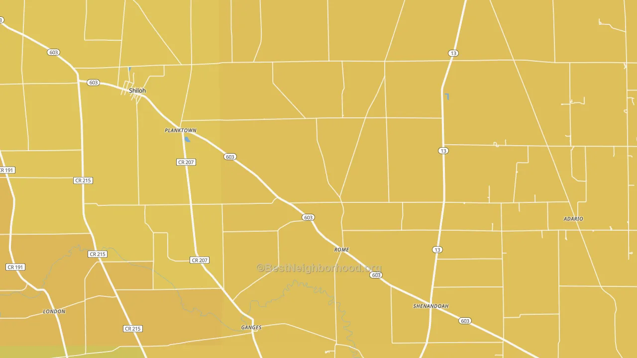 Map of the best neighborhoods in the 44878 area, with better matches in green and worse matches in red
