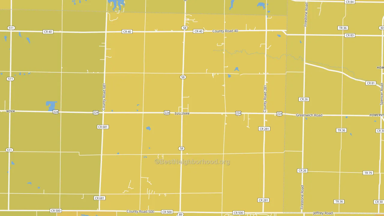 Map of the best neighborhoods in the 44880 area, with better matches in green and worse matches in red
