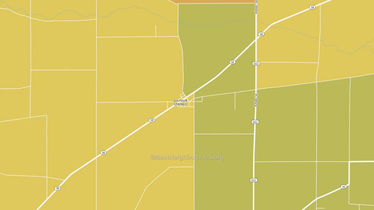 Map of the best neighborhoods in the 44881 area, with better matches in green and worse matches in red