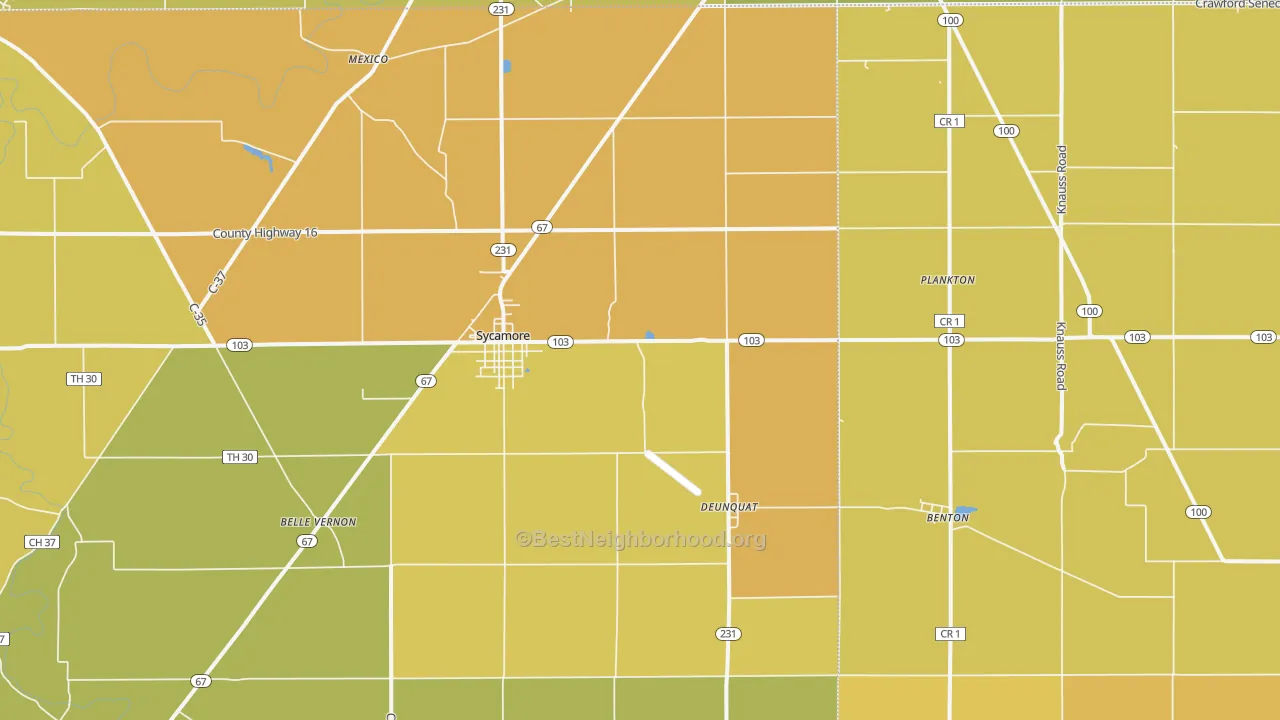 Map of the best neighborhoods in the 44882 area, with better matches in green and worse matches in red