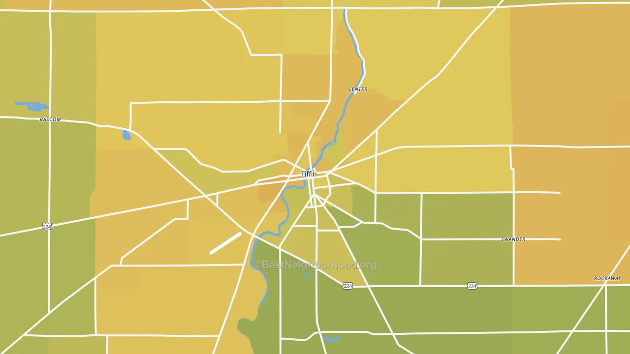 Map of the best neighborhoods in the 44883 area, with better matches in green and worse matches in red