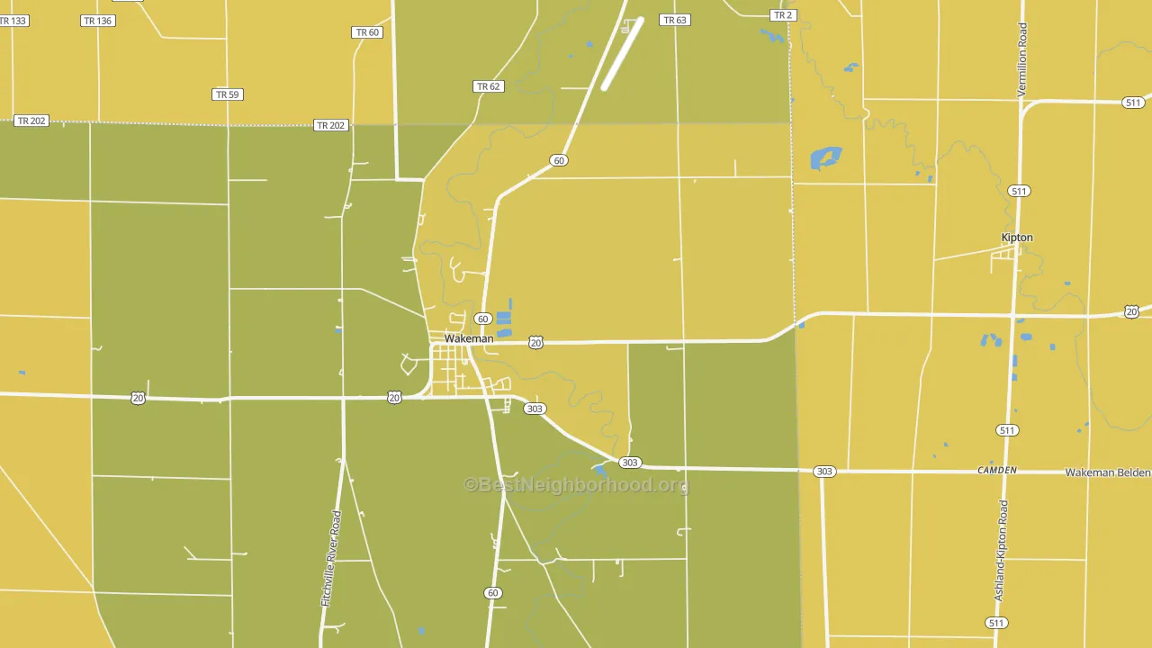 Map of the best neighborhoods in the 44889 area, with better matches in green and worse matches in red