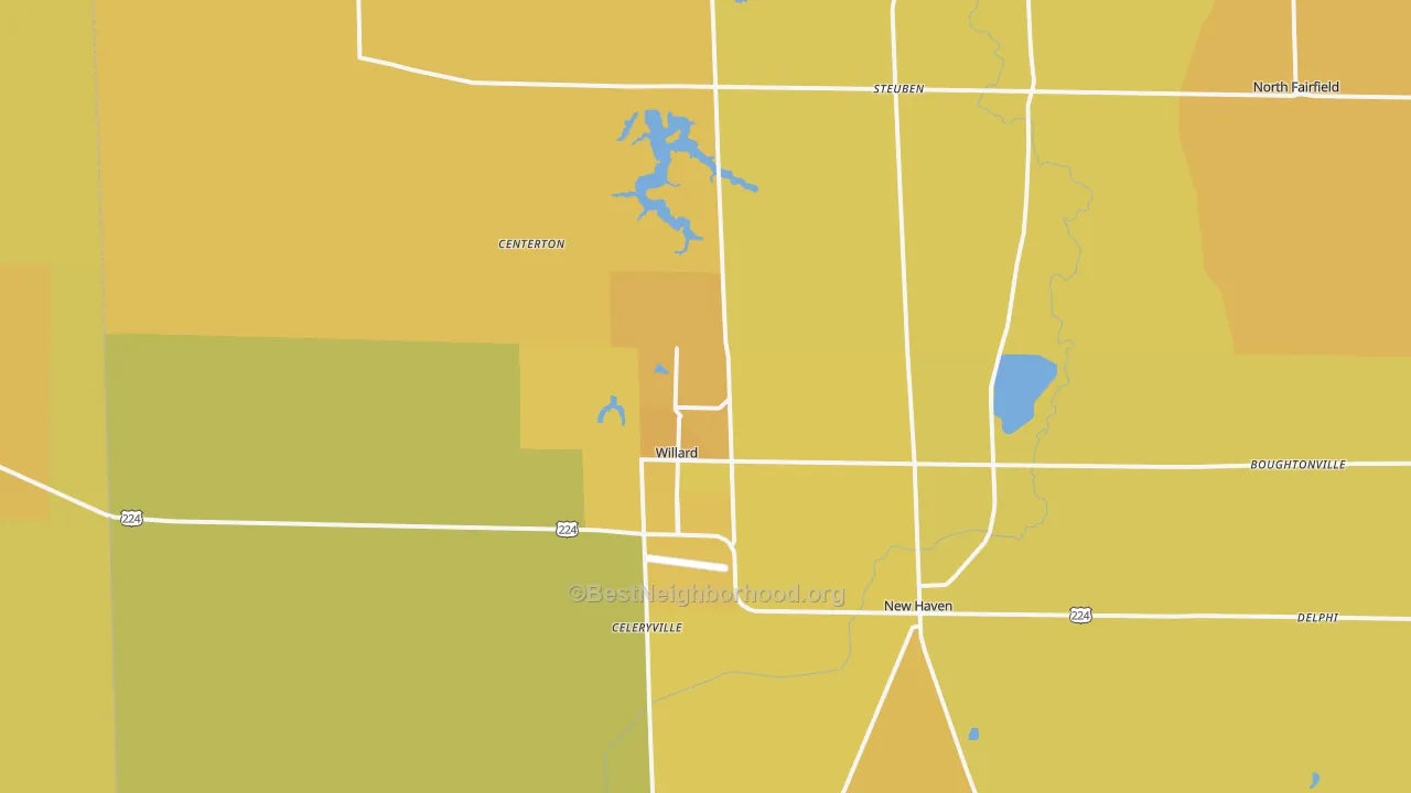 Map of the best neighborhoods in the 44890 area, with better matches in green and worse matches in red