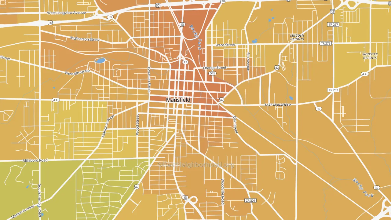 Map of the best neighborhoods in the 44902 area, with better matches in green and worse matches in red