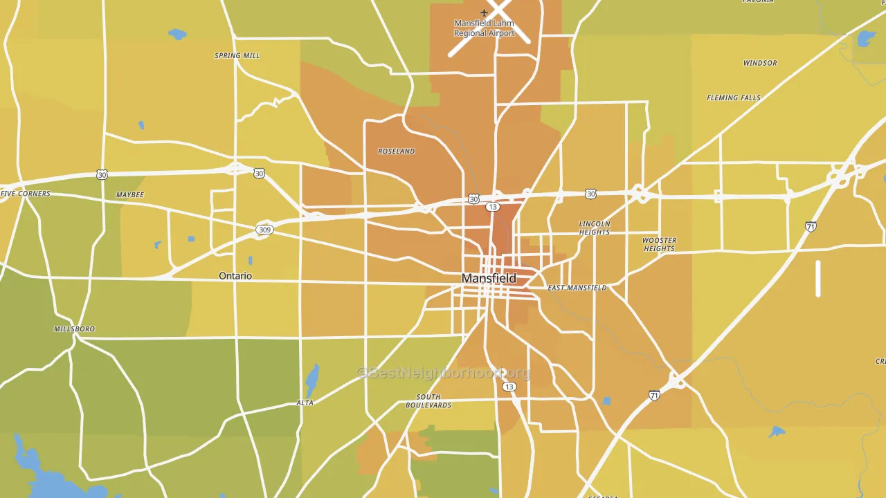 Map of the best neighborhoods in the 44903 area, with better matches in green and worse matches in red
