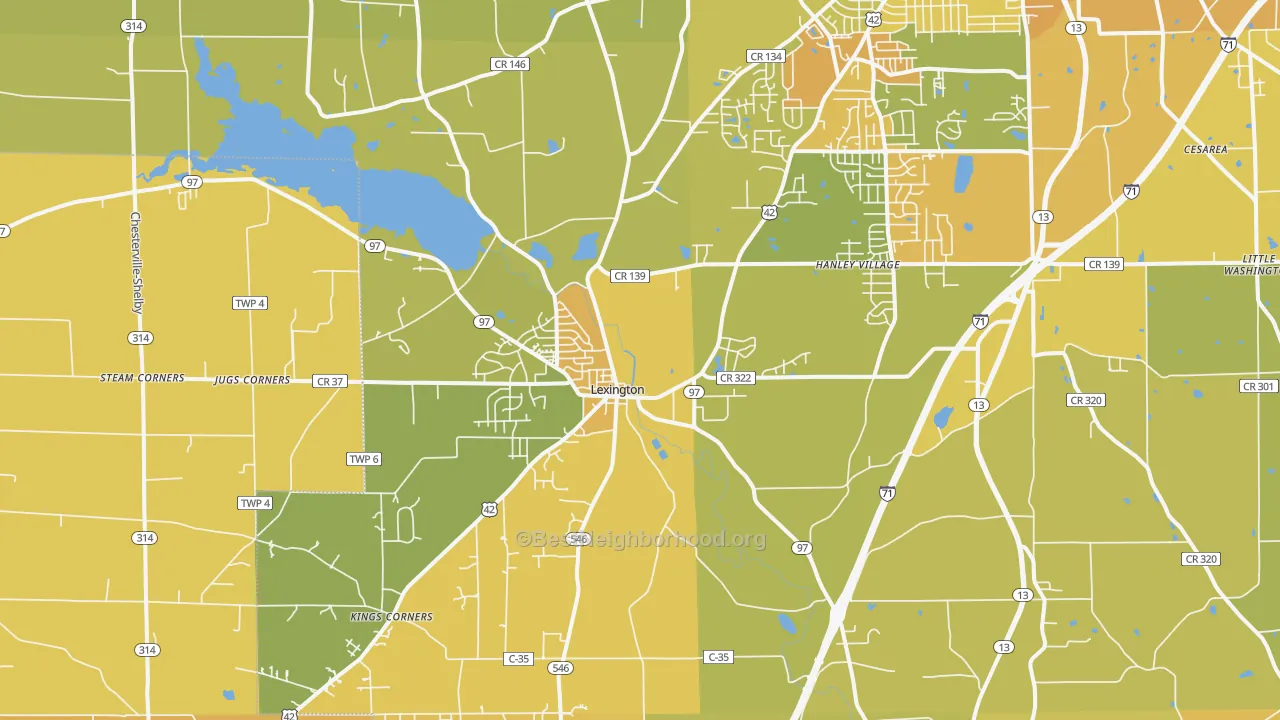 Map of the best neighborhoods in the 44904 area, with better matches in green and worse matches in red