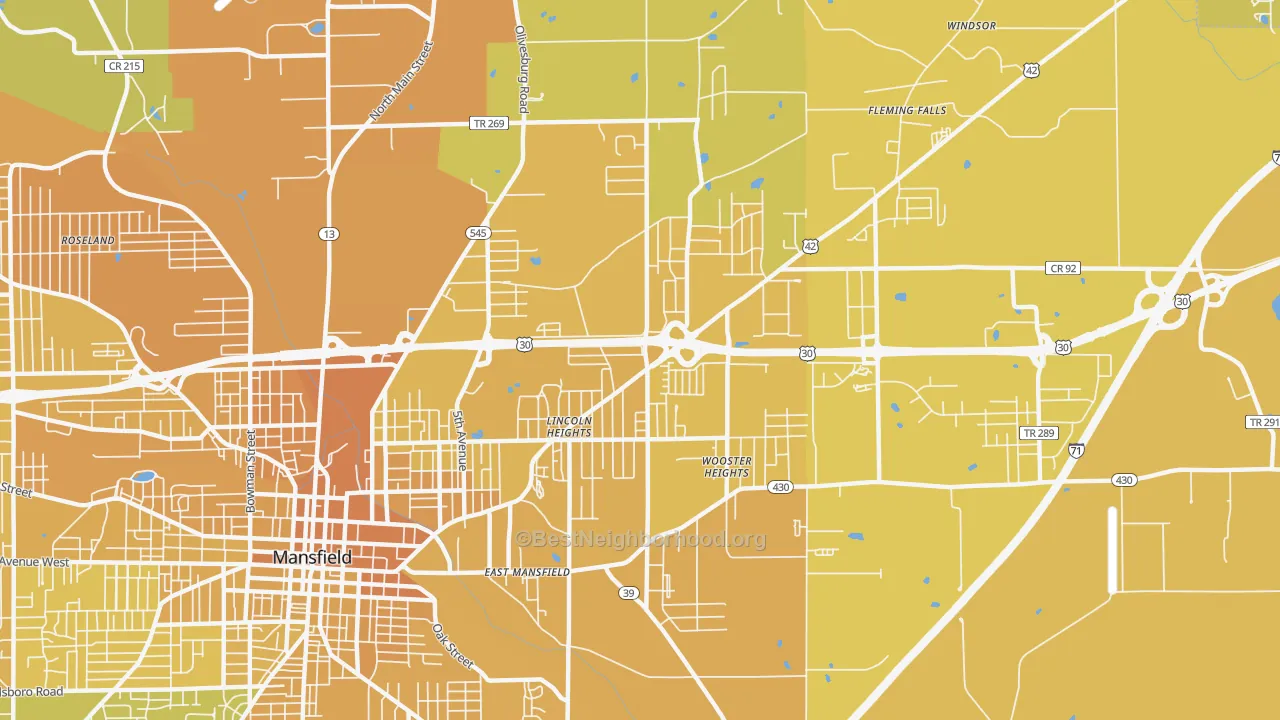 Map of the best neighborhoods in the 44905 area, with better matches in green and worse matches in red