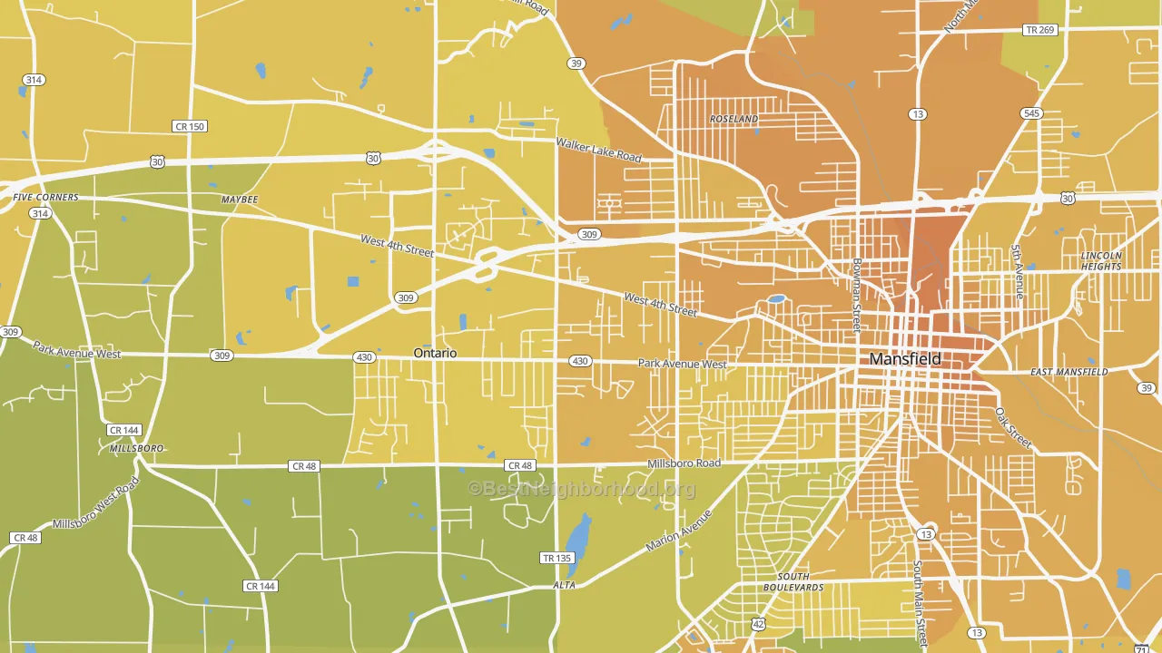 Map of the best neighborhoods in the 44906 area, with better matches in green and worse matches in red