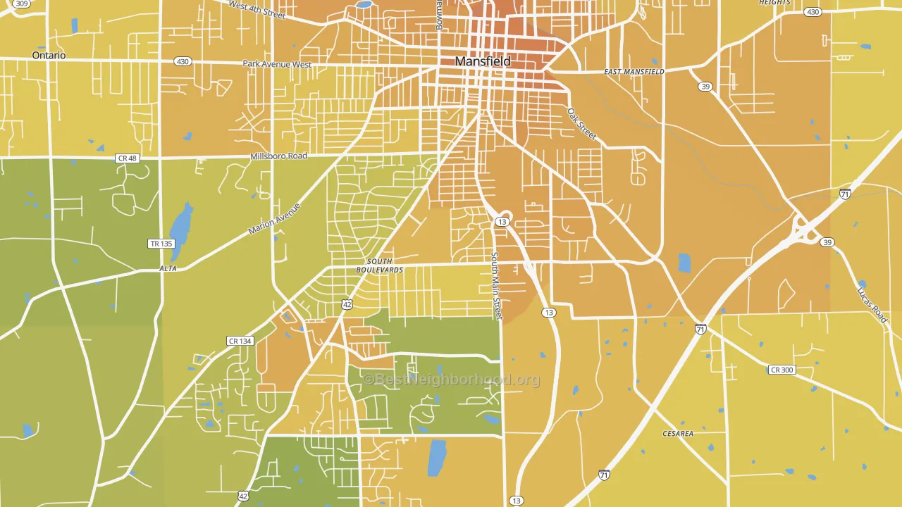 Map of the best neighborhoods in the 44907 area, with better matches in green and worse matches in red