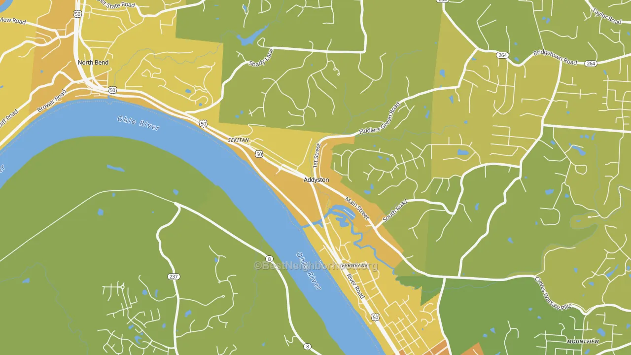 Map of the best neighborhoods in the 45001 area, with better matches in green and worse matches in red