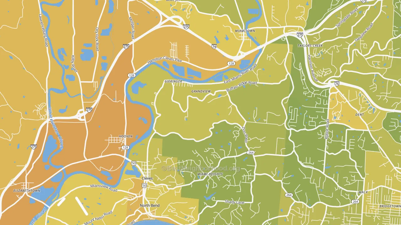 Map of the best neighborhoods in the 45002 area, with better matches in green and worse matches in red
