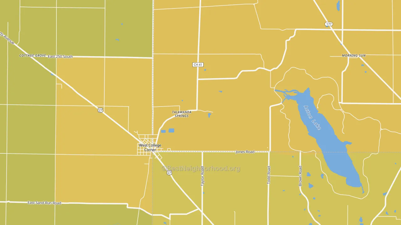 Map of the best neighborhoods in the 45003 area, with better matches in green and worse matches in red