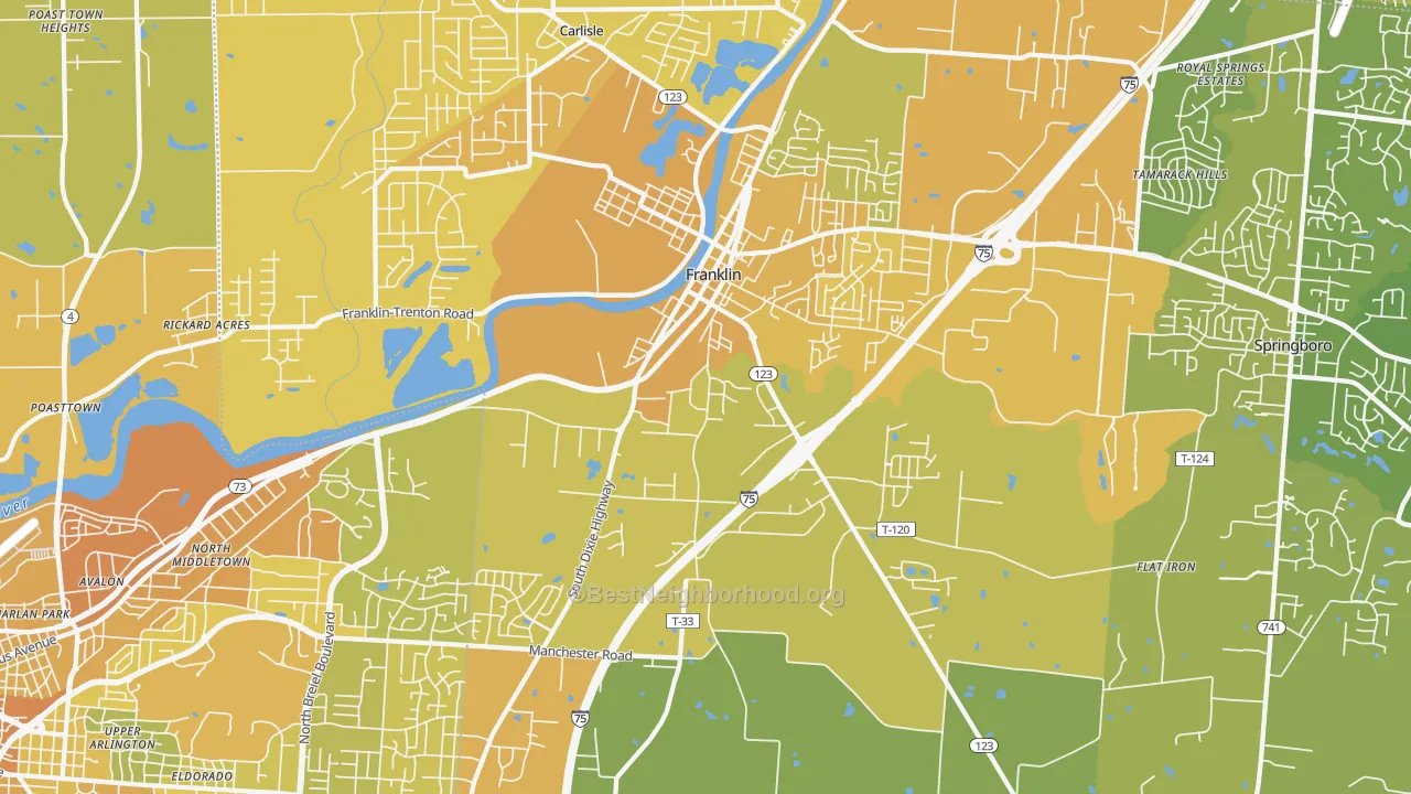 Map of the best neighborhoods in the 45005 area, with better matches in green and worse matches in red