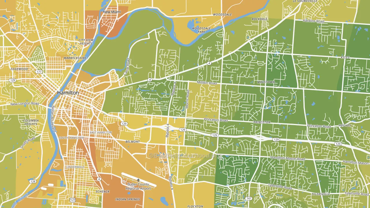 Map of the best neighborhoods in the 45011 area, with better matches in green and worse matches in red
