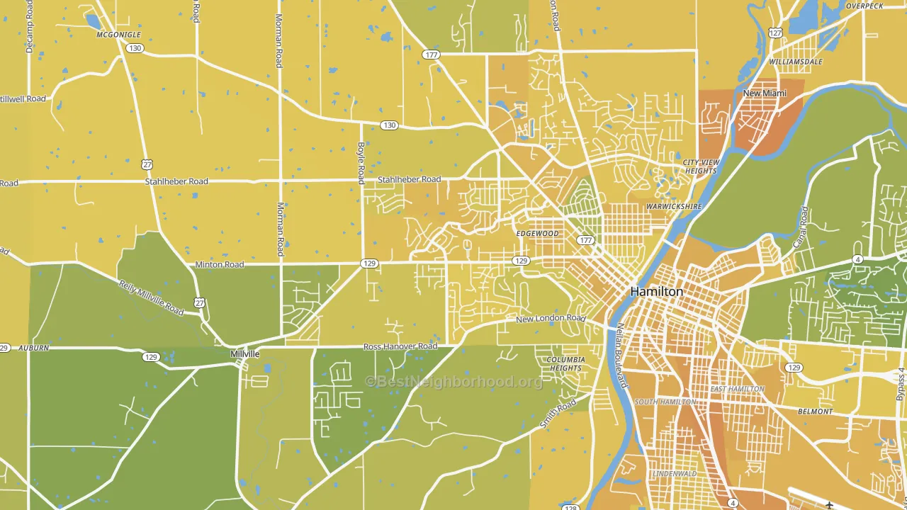 Map of the best neighborhoods in the 45013 area, with better matches in green and worse matches in red