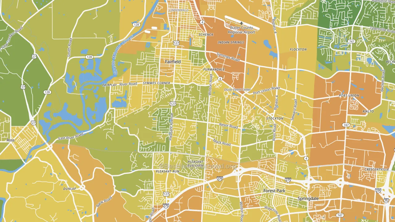 Map of the best neighborhoods in the 45014 area, with better matches in green and worse matches in red