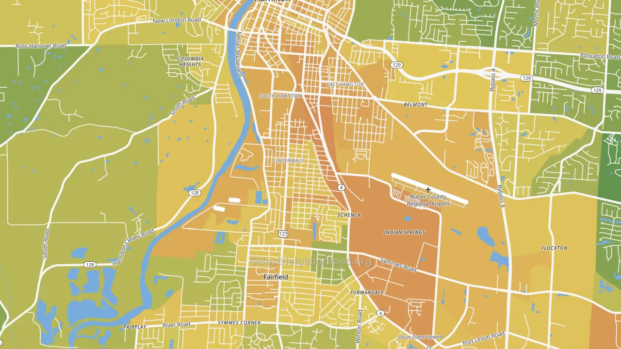 Map of the best neighborhoods in the 45015 area, with better matches in green and worse matches in red