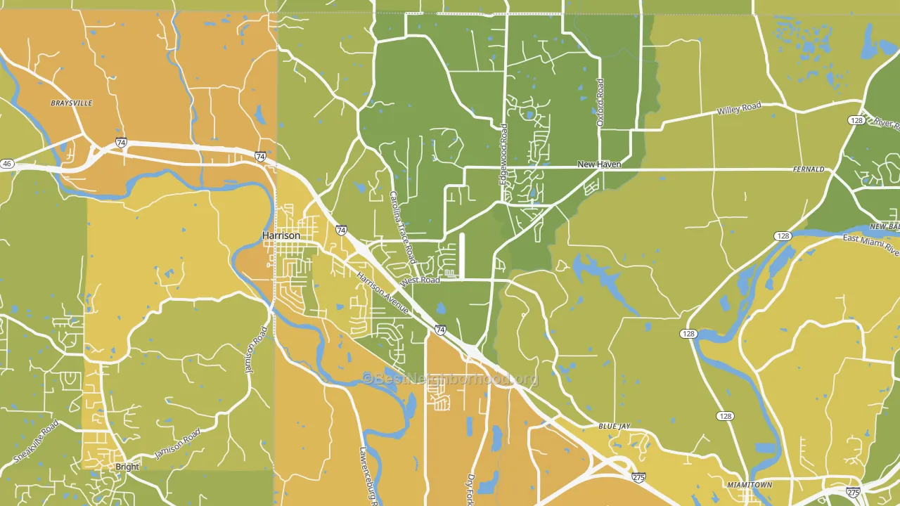 Map of the best neighborhoods in the 45030 area, with better matches in green and worse matches in red