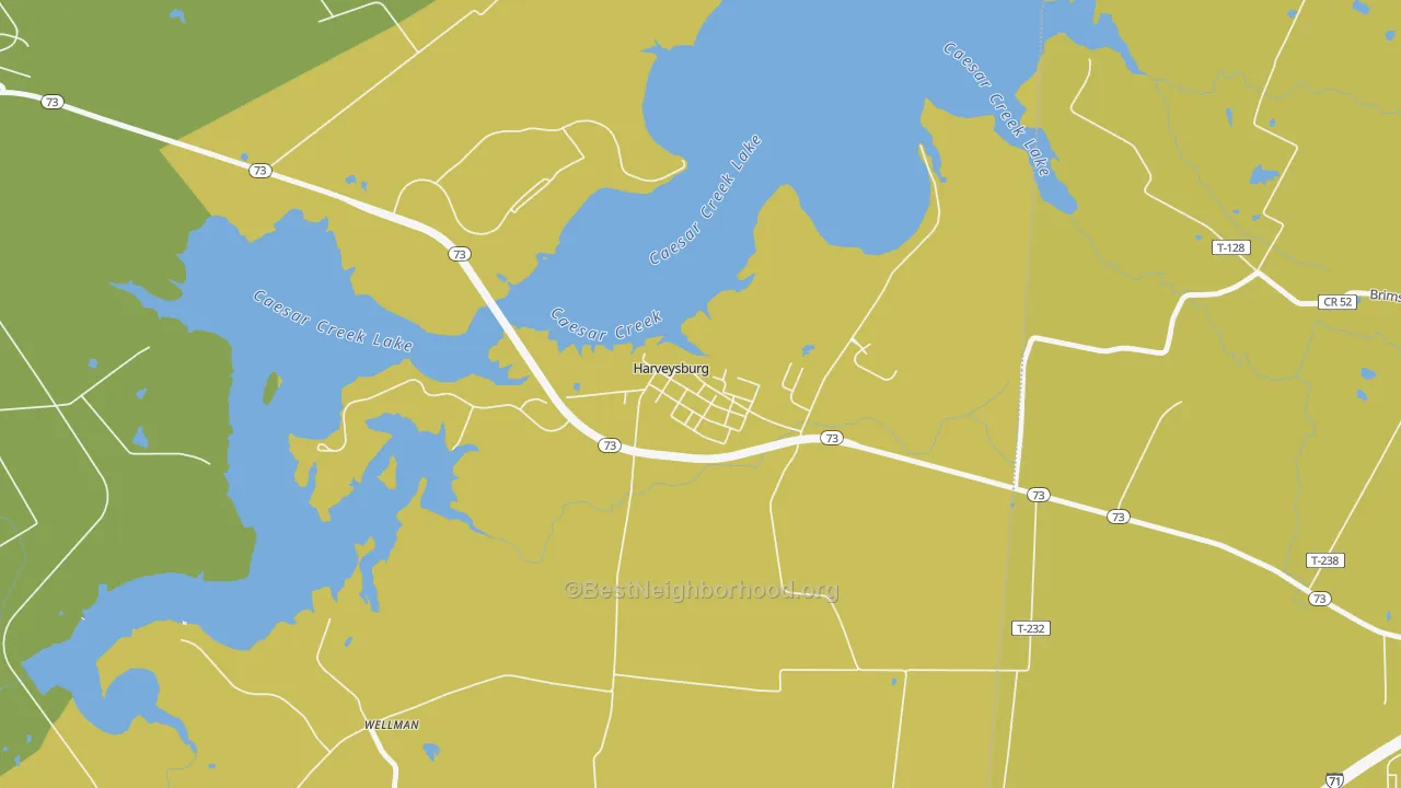 Map of the best neighborhoods in the 45032 area, with better matches in green and worse matches in red