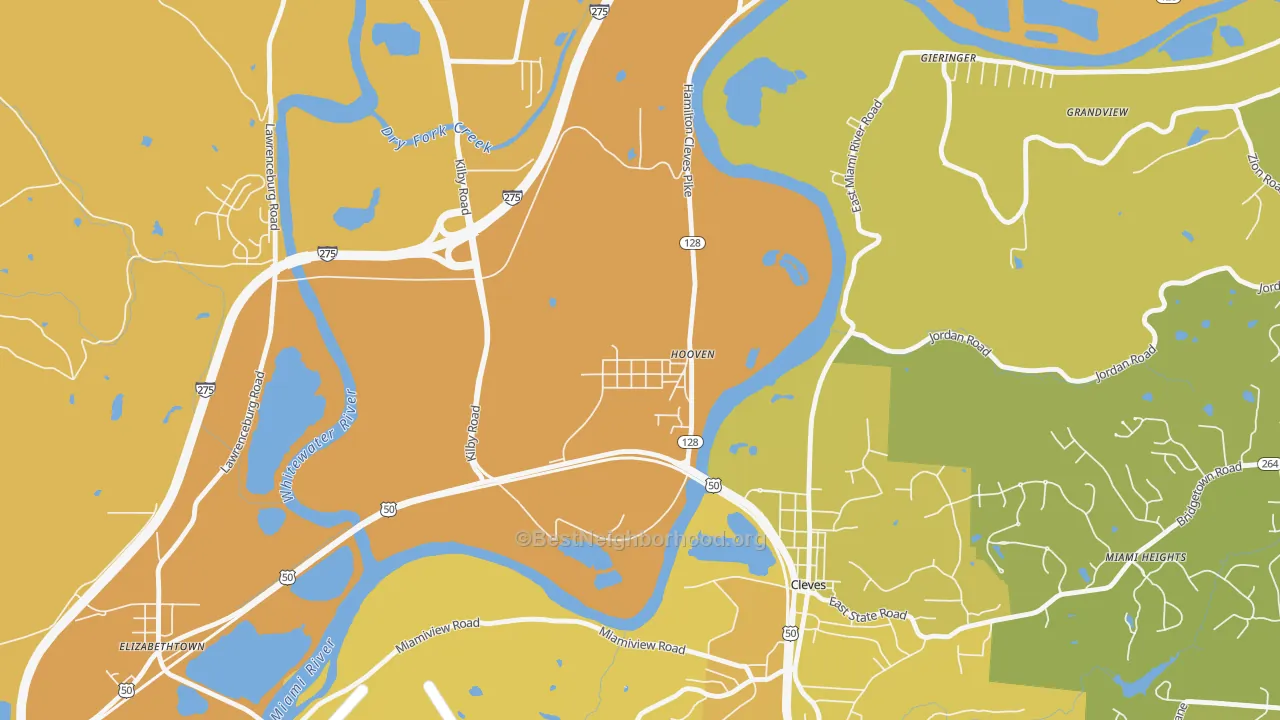Map of the best neighborhoods in the 45033 area, with better matches in green and worse matches in red