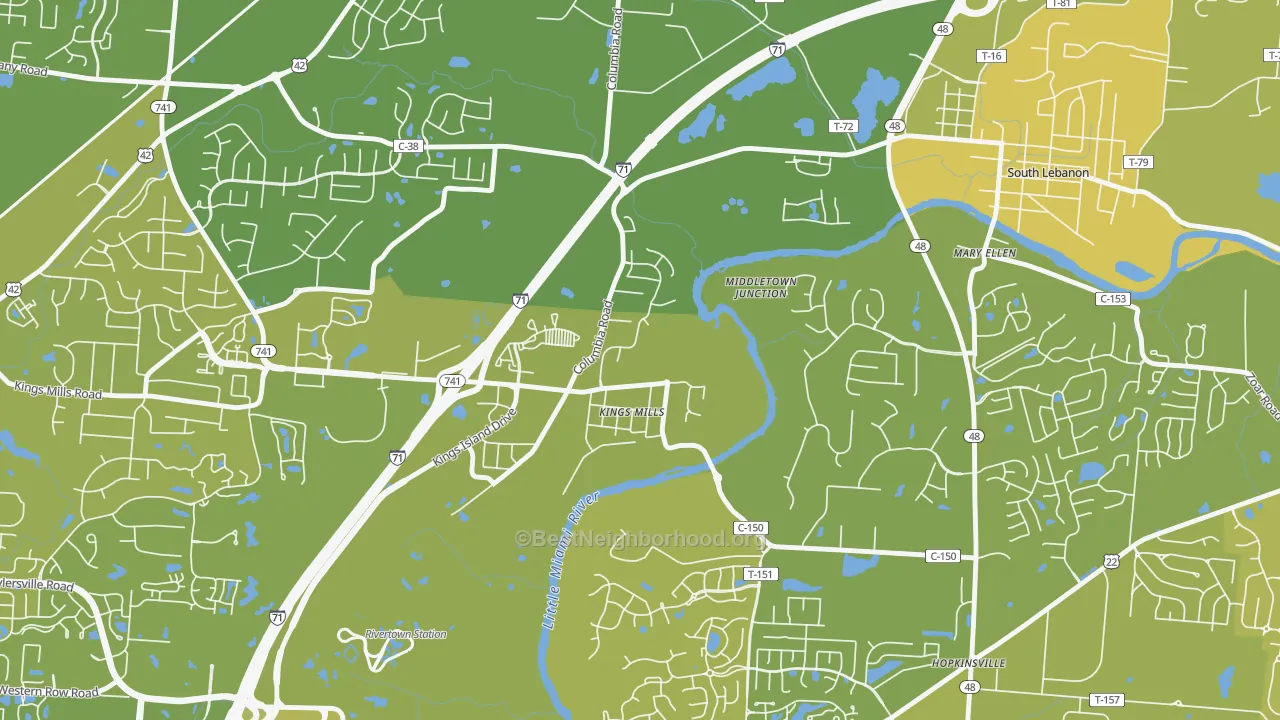 Map of the best neighborhoods in the 45034 area, with better matches in green and worse matches in red