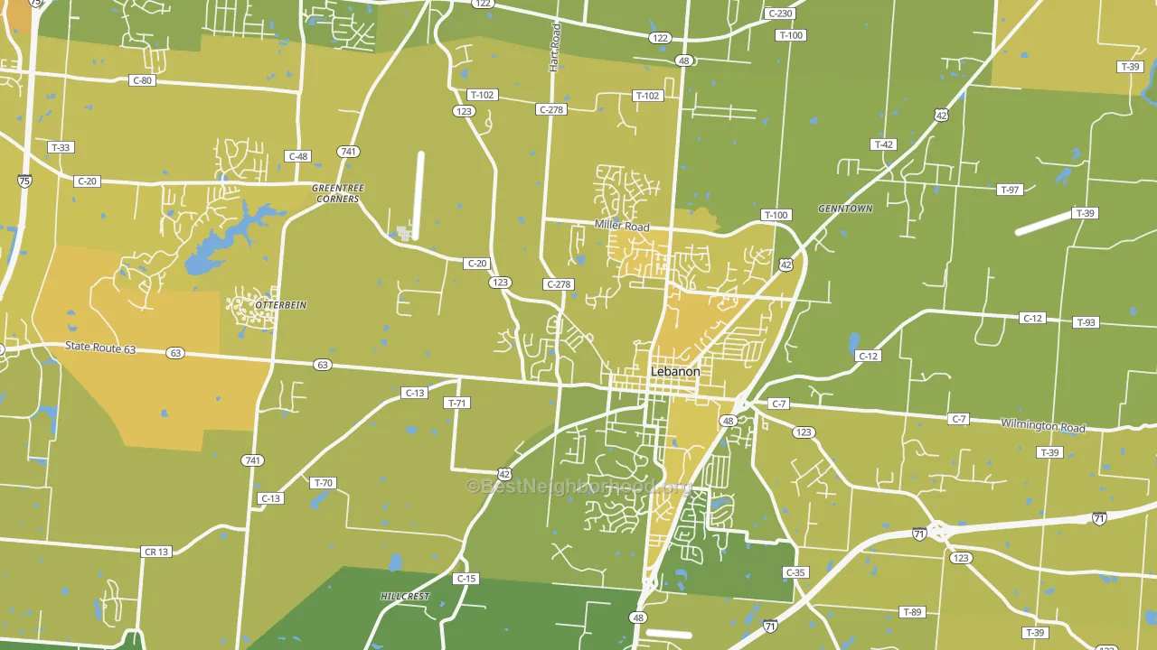 Map of the best neighborhoods in the 45036 area, with better matches in green and worse matches in red