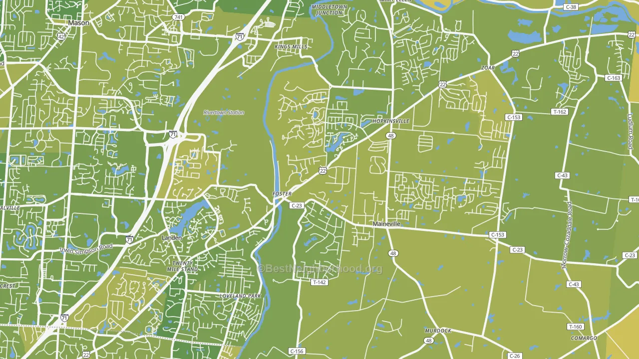 Map of the best neighborhoods in the 45039 area, with better matches in green and worse matches in red