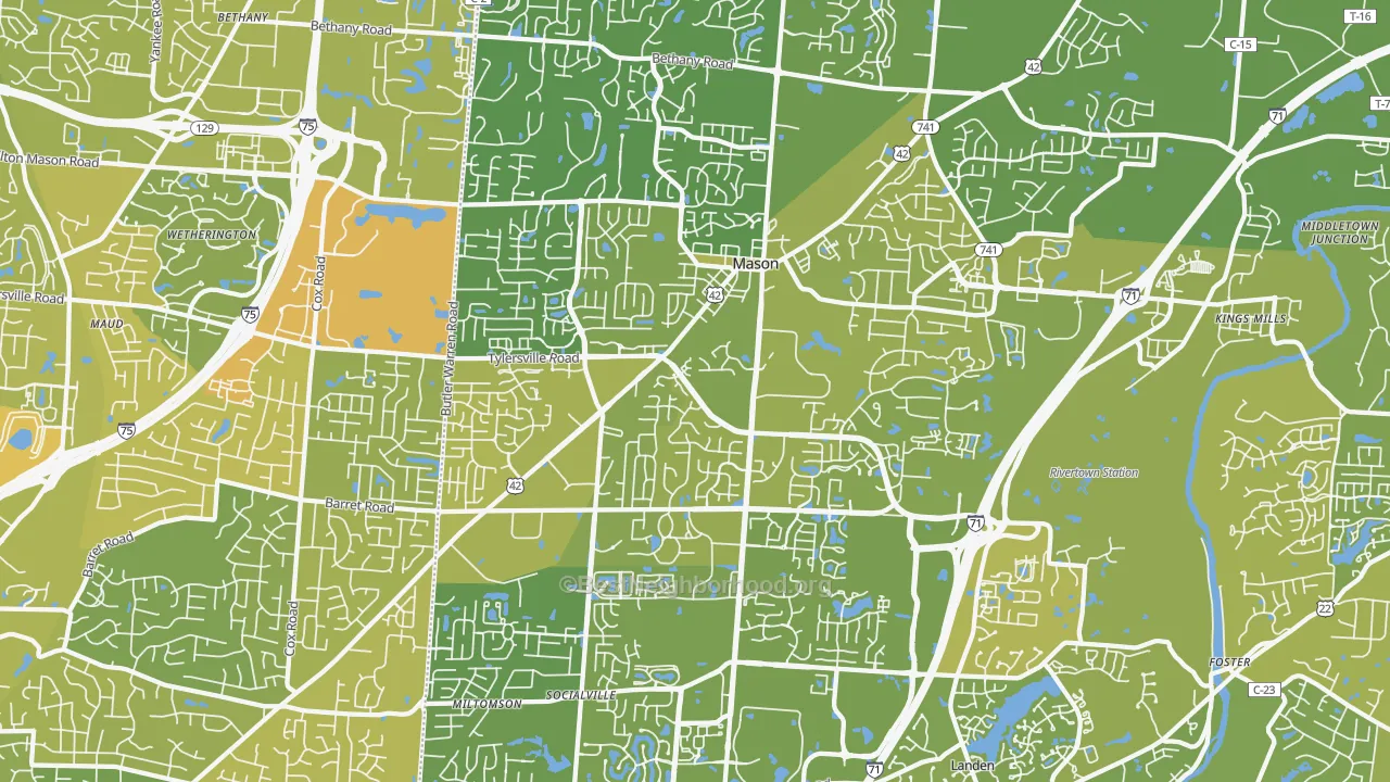 Map of the best neighborhoods in the 45040 area, with better matches in green and worse matches in red