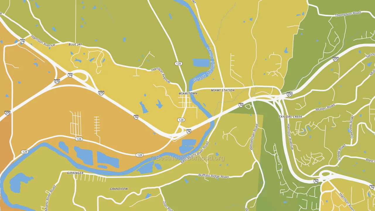 Map of the best neighborhoods in the 45041 area, with better matches in green and worse matches in red