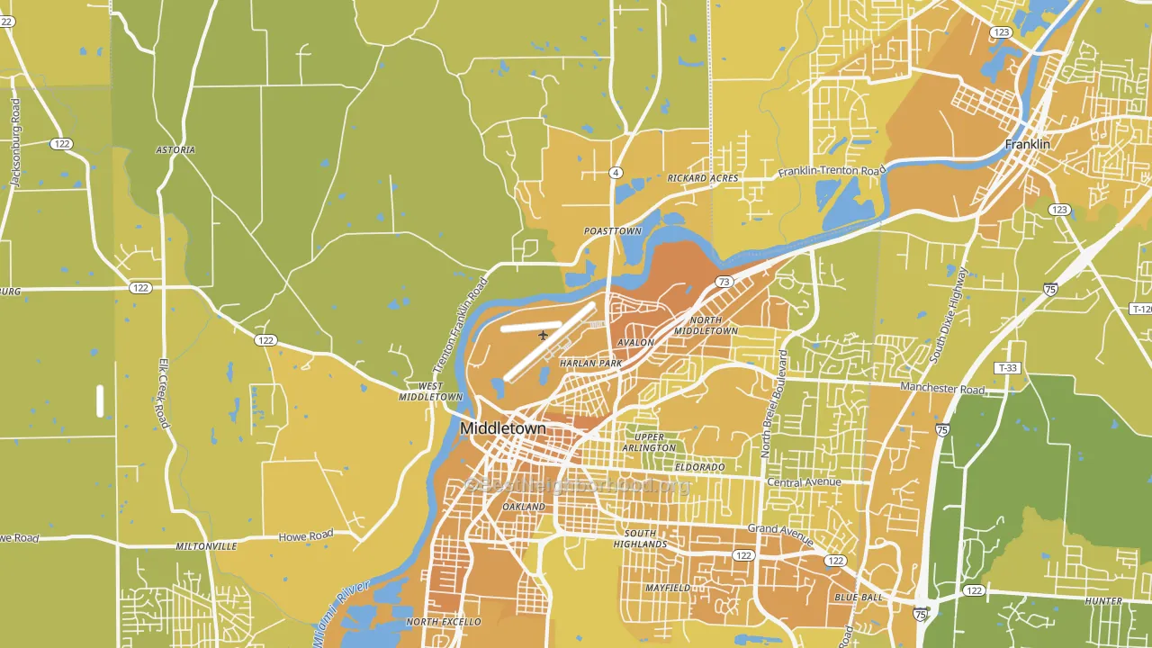 Map of the best neighborhoods in the 45042 area, with better matches in green and worse matches in red
