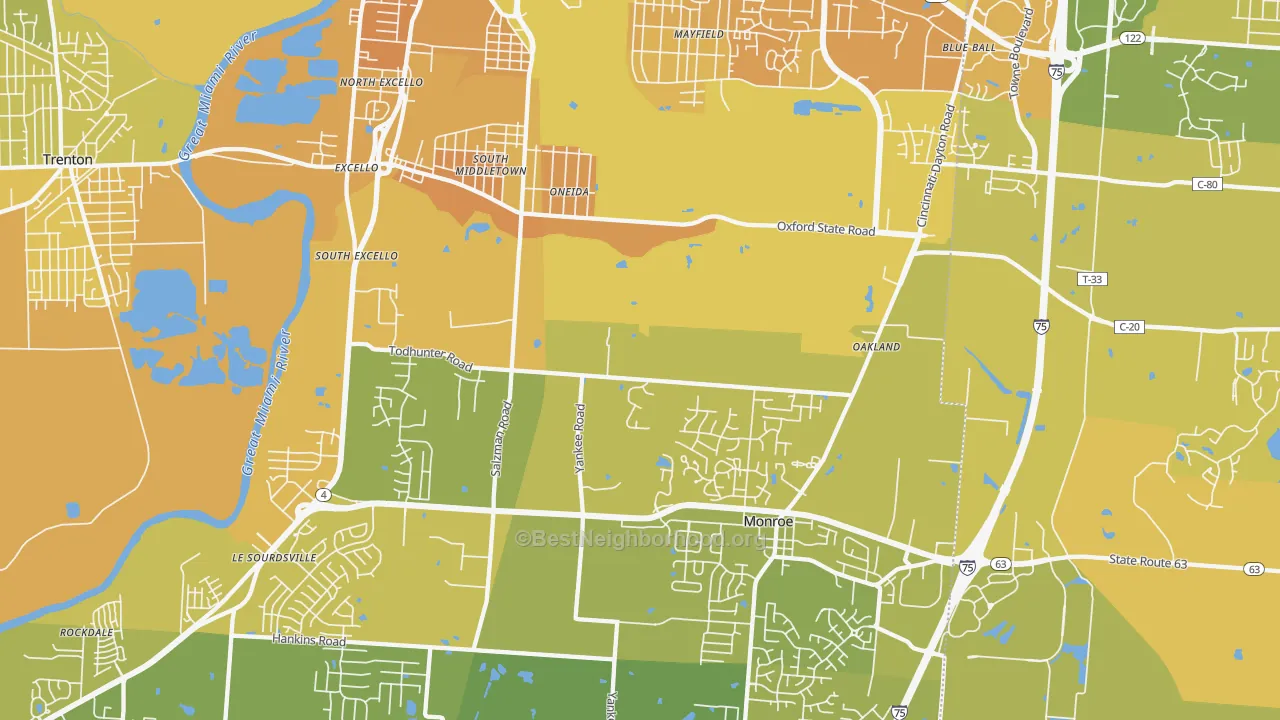 Map of the best neighborhoods in the 45044 area, with better matches in green and worse matches in red